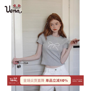 圆领短袖 珍珠蝴蝶结印花T恤短款 Uena明星同款 上衣女 陌上花开