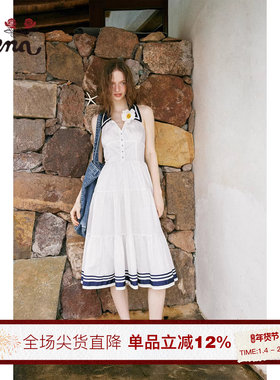 【维京潮汐】Uena白色海军风衬衫v领收腰显瘦长款A字挂脖连衣裙女
