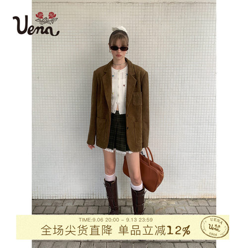 【松栗奶芙】Uena美式复古卡其色仿麂皮绒贴布绣多口袋西装外套