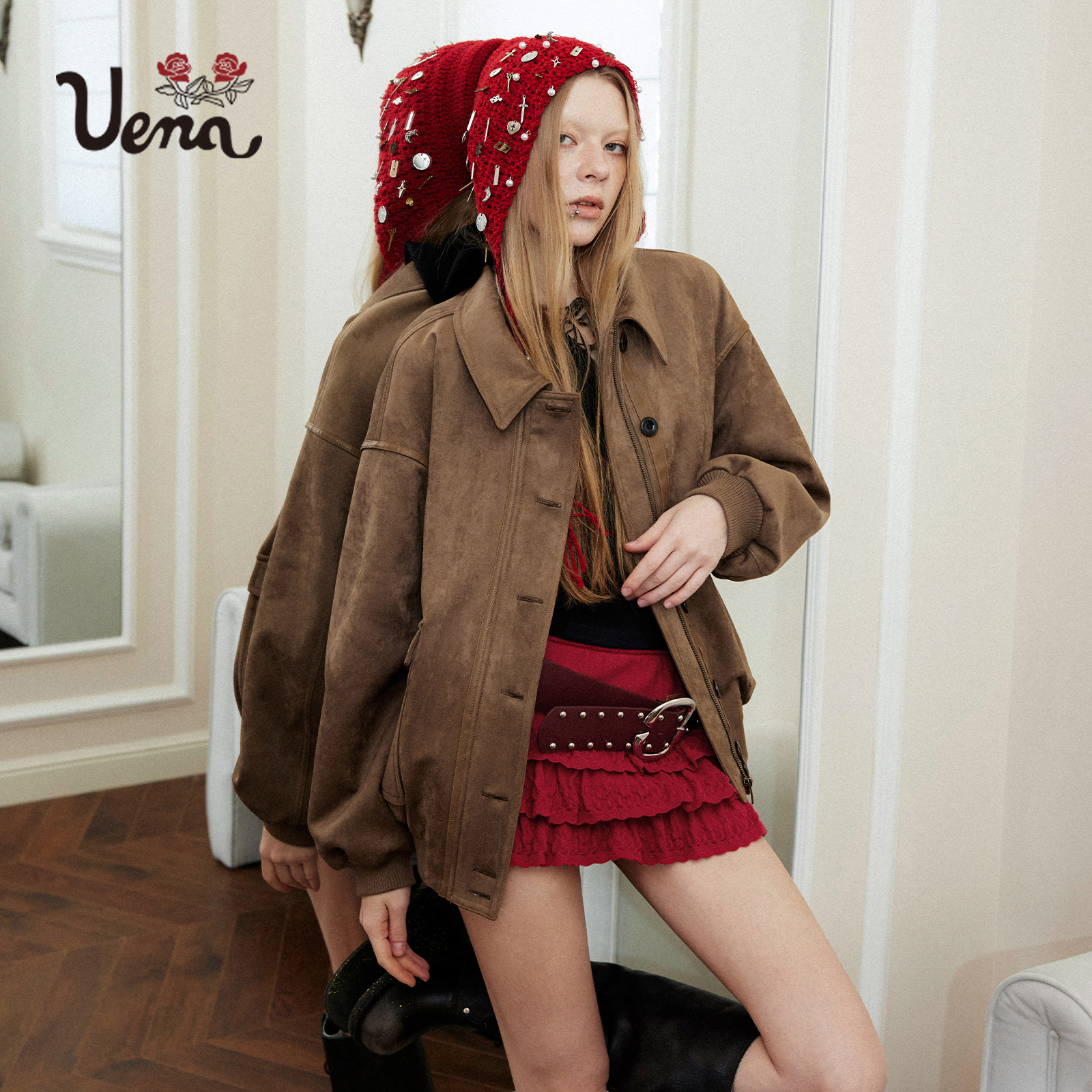 【巧心琥珀】Uena明星同款棕色长款宽松仿麂皮翻领落肩袖夹克外套