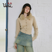 Uena卡其色圆领毛针织开衫 柒柒Moon直播间 打底上衣毛领可拆