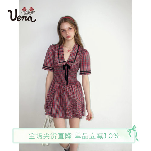 Uena红色格纹泡泡中袖花苞连衣裙