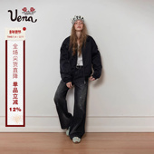 Uena美式 千冬岁桦 复古黑色水洗做旧设计感泼墨猫须阔腿牛仔裤