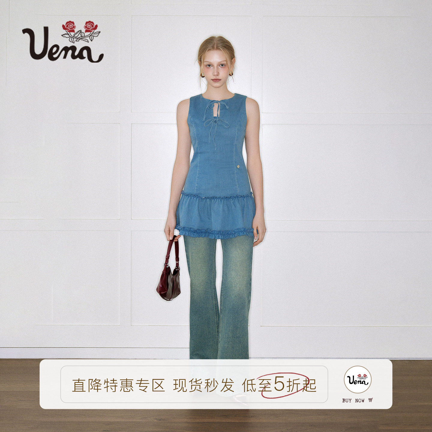Uena牛仔背心连衣裙附短裤图片