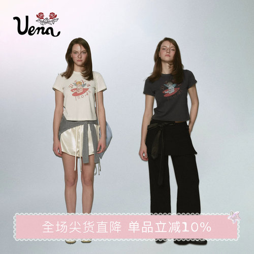 【丘比特乐园】Uena首尔特别款做旧字母印花修身显瘦圆领短袖T恤