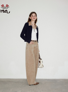 【柒柒Moon直播间】Uena藏青色牛仔翻领字母刺绣绞花毛针织开衫女