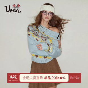 女 Uena绿色一字肩重工绞花肌理感费尔岛绵羊毛针织衫 海心情话