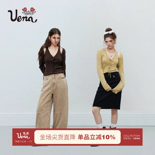 褪色书签 挖肩v领吊带背心套装 Uena短款 坎肩毛针织开衫 女 修身