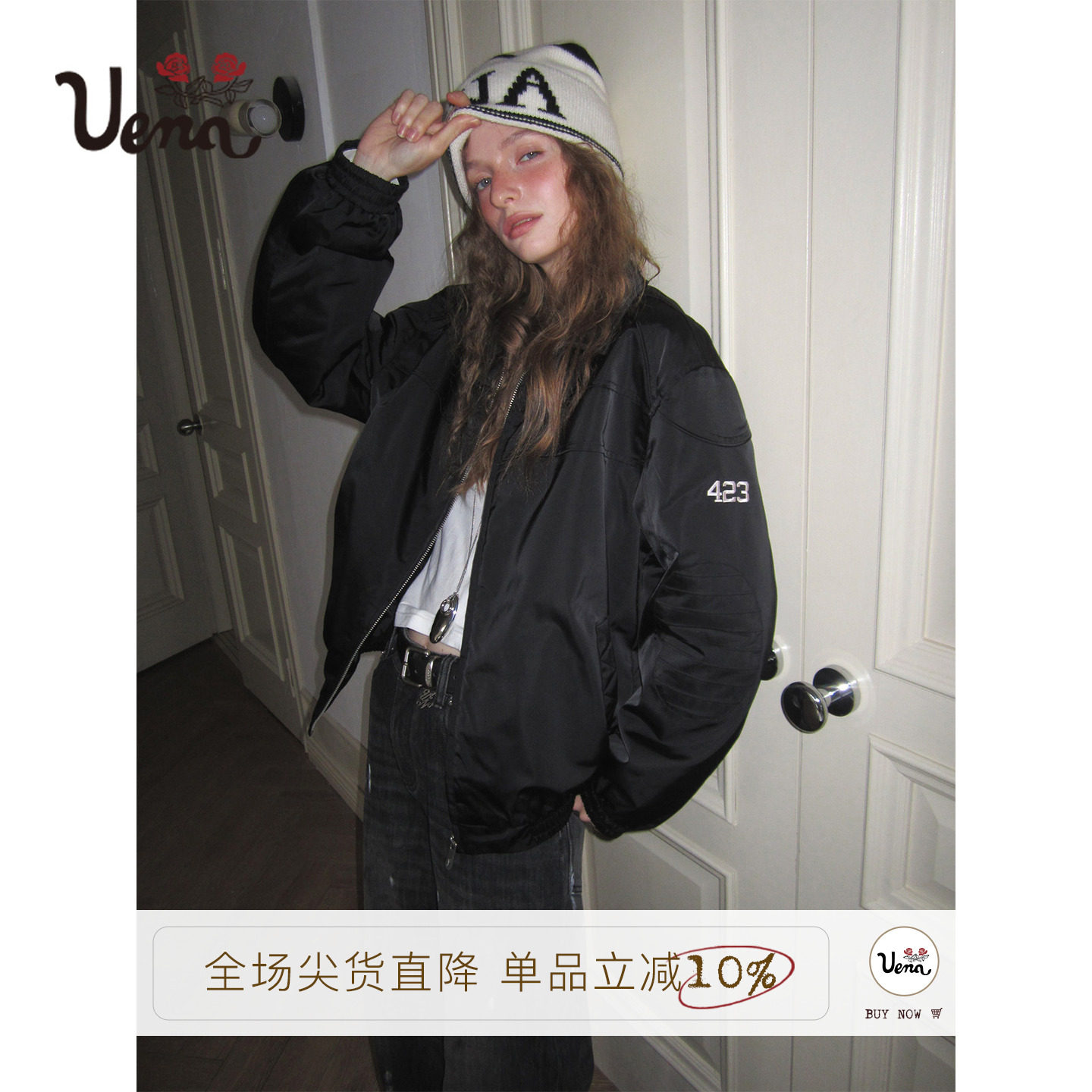 【少女出逃中】Uena明星同款黑色机车夹克分割长款宽松棉服外套女图片