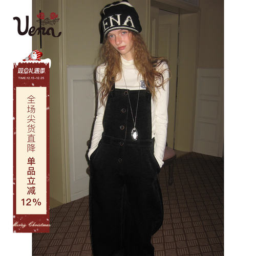 Uena黑色灯芯绒直筒背带裤