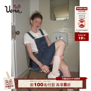 复古学院风字母绣花水洗做旧牛仔背带连衣裙 Uena美式 蓝色垦丁