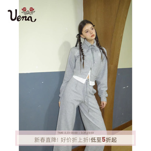 立领拉链卫衣休闲抽绳卫裤 复古灰色短款 Uena美式 套装 安妮梦境