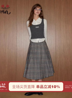 【软风芷雨】Uena灰色蕾丝字母布标圆领短款可叠穿修身针织背心女