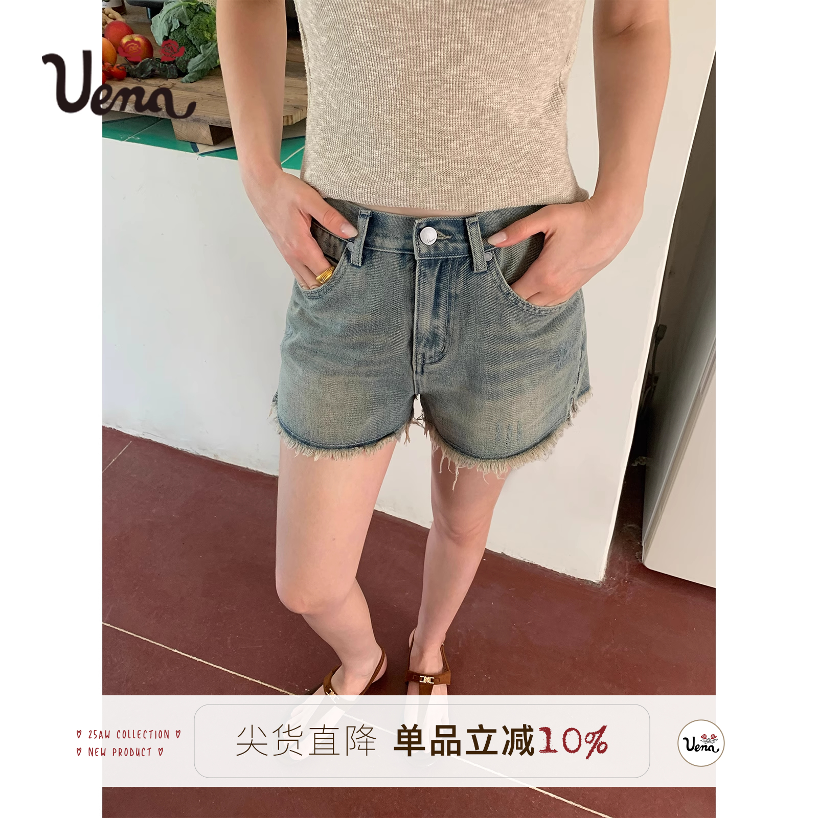 Uena蓝色水洗做旧牛仔短裤