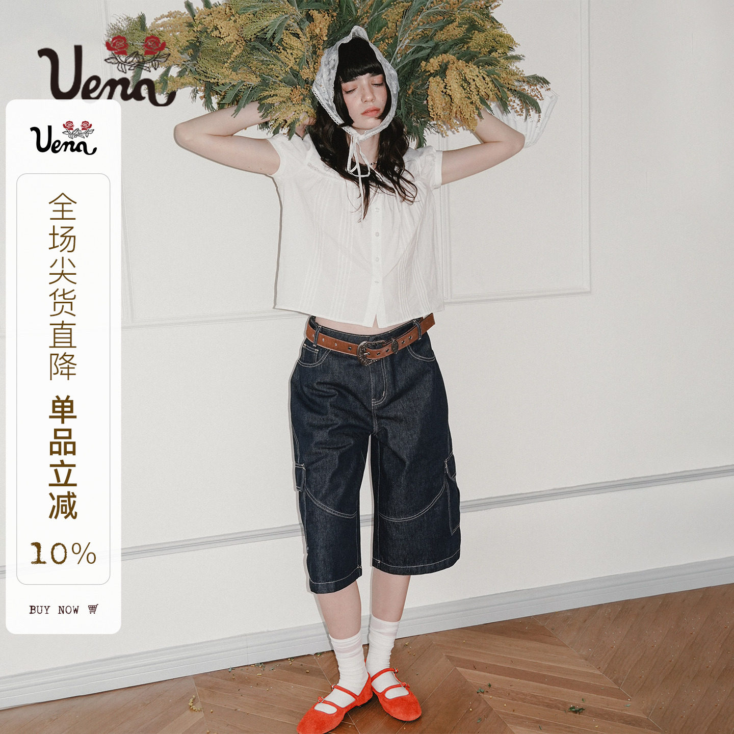 Uena原色明线七分裤牛仔短裤图片