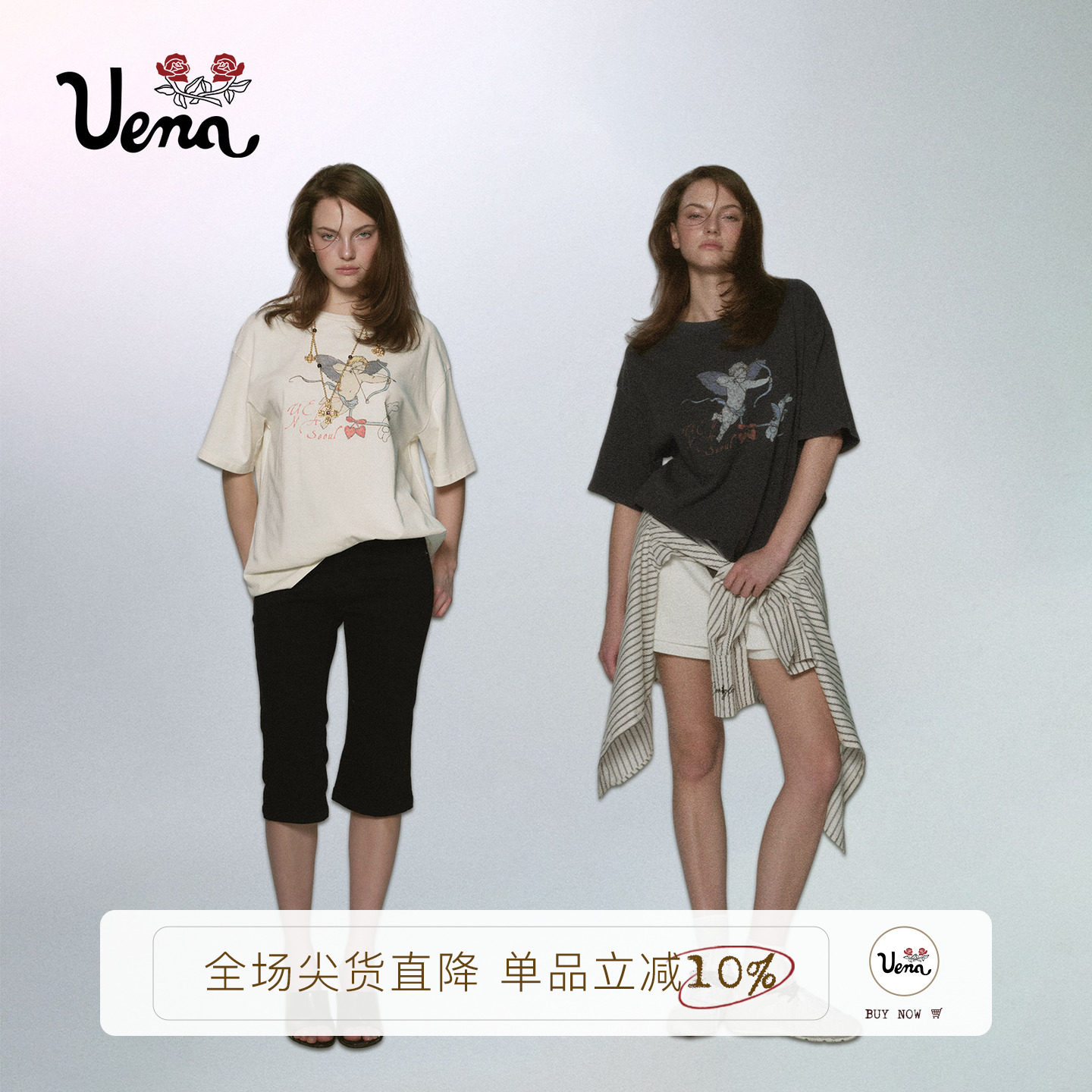 Uena做旧天使兔印花短袖T恤图片