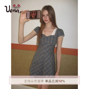 Uena咖绿色格纹蕾丝花边蝴蝶结泡泡短袖 茶话会 收腰连衣裙 雨季