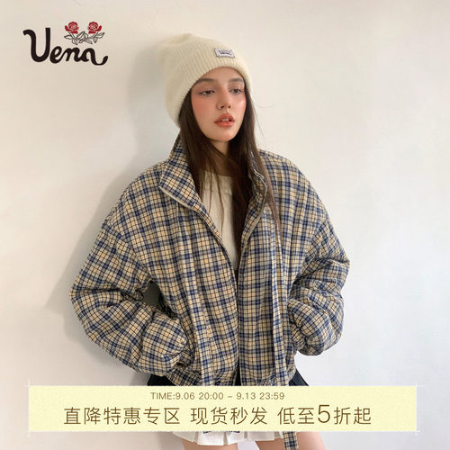 Uena蓝色格纹落肩袖立领棉服外套