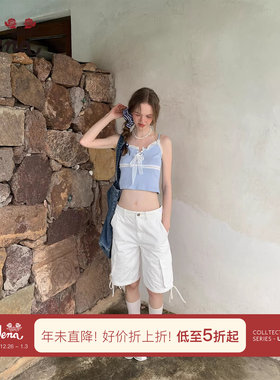 【盐湖云迹】Uena白色下摆抽绳多口袋休闲裤宽松直筒工装五分裤女