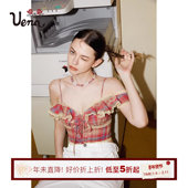 Uena美式 巧莓威化 复古格纹方领甜辣吊带胸前绑带后背镂空上衣