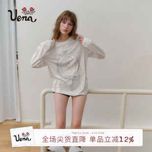 【玫瑰小兔】Uena白色天使兔印花轻薄亚麻宽松圆领落肩长袖T恤女