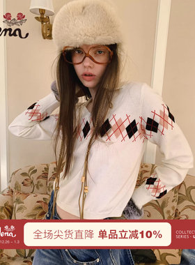 【苹果热红酒】Uena美式复古白色菱形格纹翻边小v领羊毛针织衫女