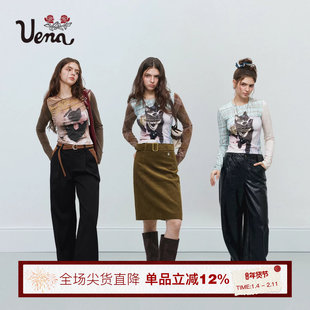 【小猫绑架计划】Uena美式复古印花短款拼接长袖修身显瘦圆领T恤