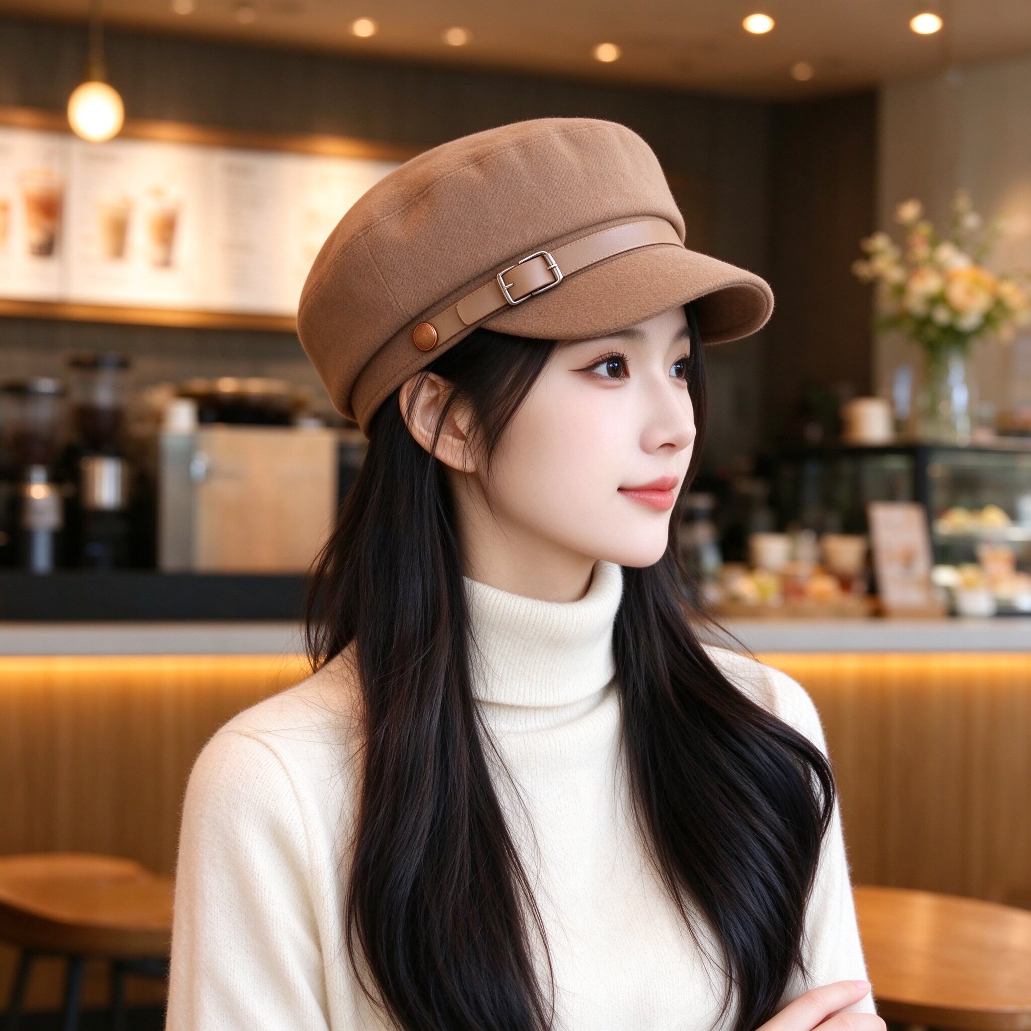 秋冬显脸小保暖皮带扣报童帽女