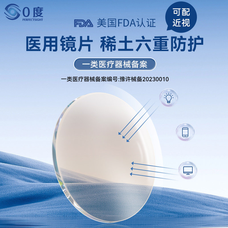 0度医用稀土六防蓝光抗辐射疲劳眼镜片看手机电脑专用女款男近视