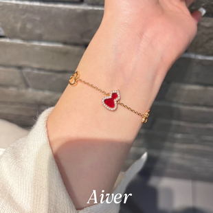 新款红色麒麟形葫芦手链单个红玉髓白贝母玫瑰金女 925纯银镀18K