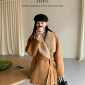 法式 爱西里冬季 新款 气质翻领仿毛皮保暖外套复古麂皮通勤显瘦大衣