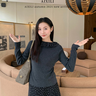 长袖 简约高级感百搭花边领针织打底衫 纯色内搭上衣 新款 爱西里冬季