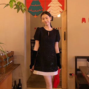 法式设计感小香风连衣裙女爱西里冬新款时尚百搭显瘦花边A字裙子