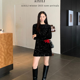 高级感重工亮片蝴蝶结绑带设计小众百搭连衣裙 法式 爱西里冬季 新款