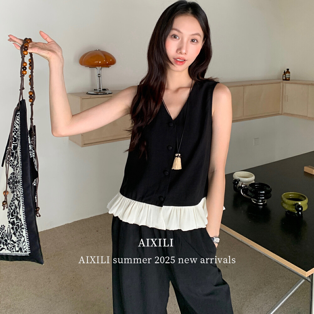 爱西里夏季新款高级感拼接花边马甲上衣百搭显瘦高腰阔腿裤套装女