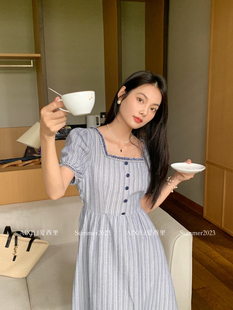新款 连衣裙2023夏季 条纹雪纺裙子 温柔方领花边高腰短袖 爱西里法式