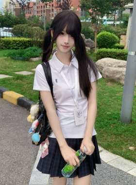 一坨羊原创JK制服套装星迹中收腰POLO衫短袖T恤搭配空格裙短裙女