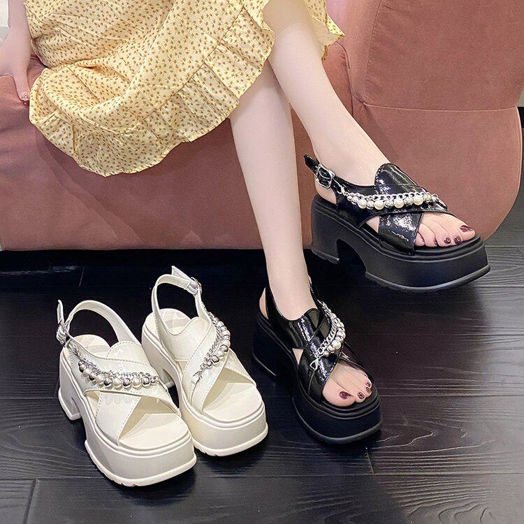 8cm厚底运动凉鞋女士34码夏季小个子穿的珍珠链条松糕增高罗马鞋