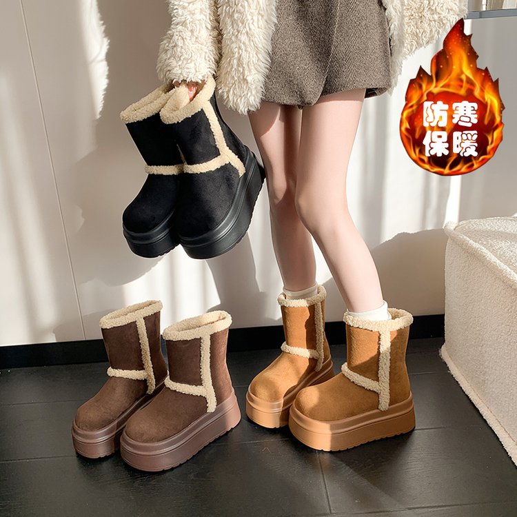 2025冬季新款时尚雪地靴圆头牛反绒磨砂皮橡胶松糕底套筒