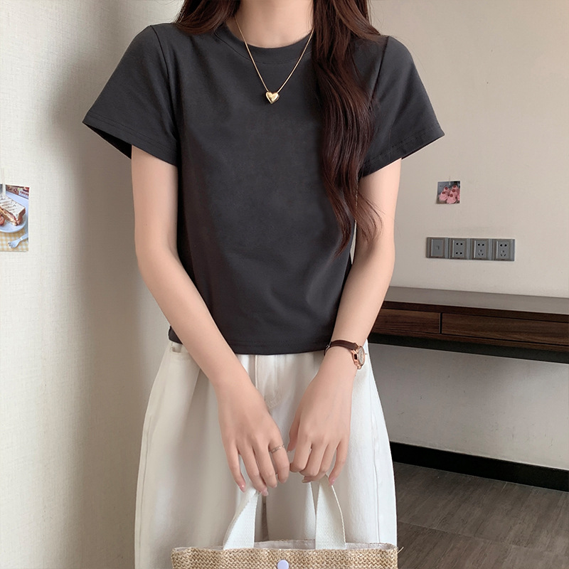 简约短款纯棉修身短袖t恤女2025夏季新款圆领高级感穿搭显瘦上衣