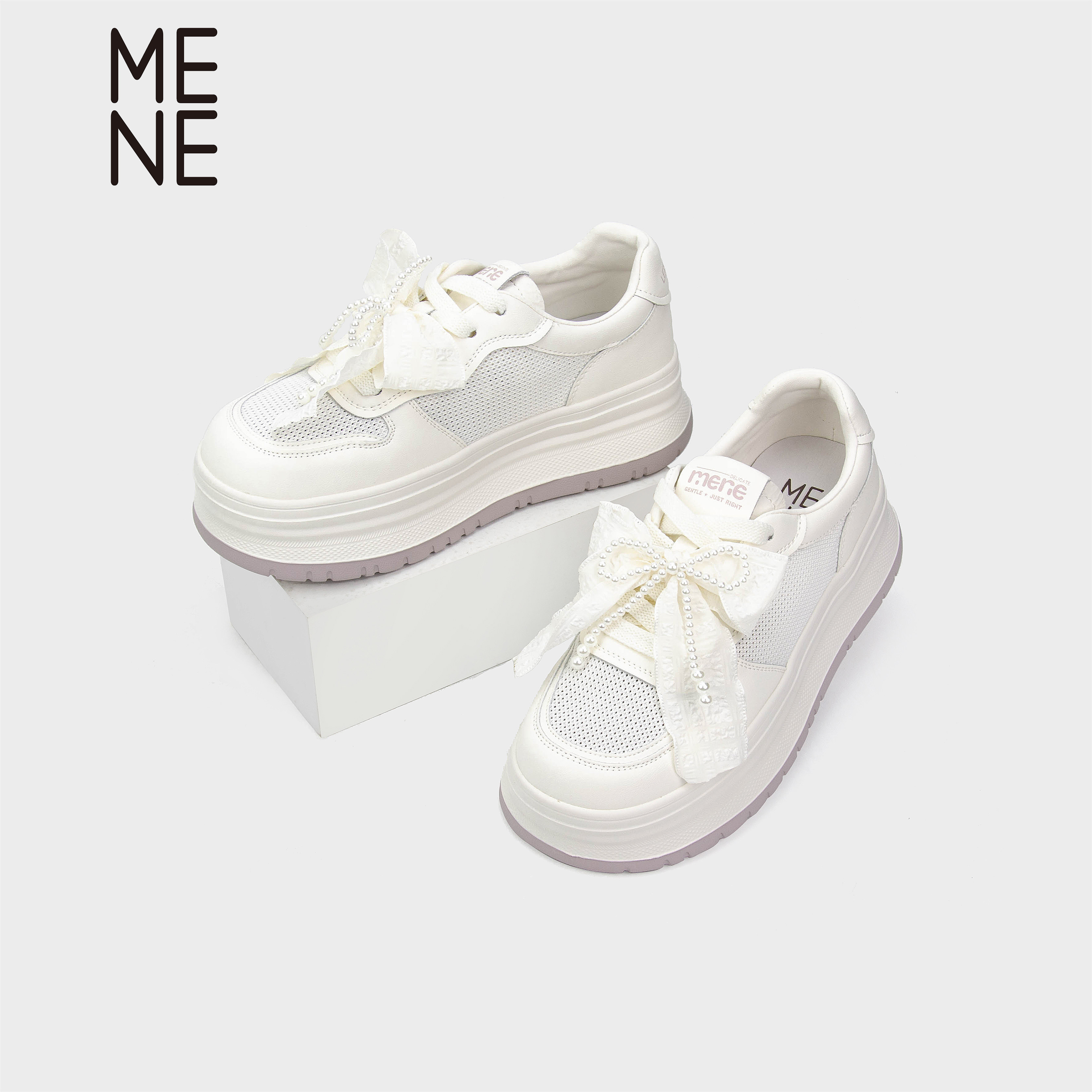 MENE白色蝴蝶结内增高小白鞋