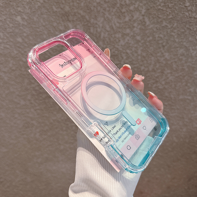 高级感粉蓝渐变透明磁吸适用苹果16promax手机壳iPhone15新款14pm简约创意13三合一12男女15pro高透16pro全包