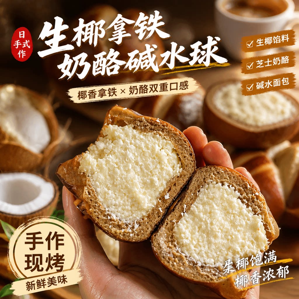 苏晨里生椰拿铁奶酪碱水球面包