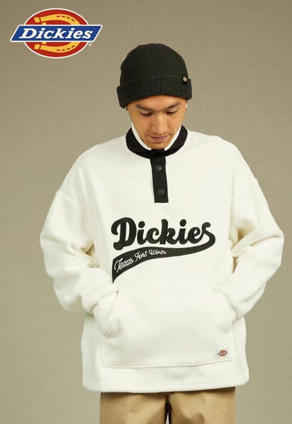 Dickies FW23 字母印花立领落肩袖抓绒卫衣套头衫 男款  DK012295