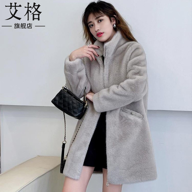 艾格旗舰店2023新款秋冬季时尚休闲高仿皮毛一体呢外套大衣女装潮