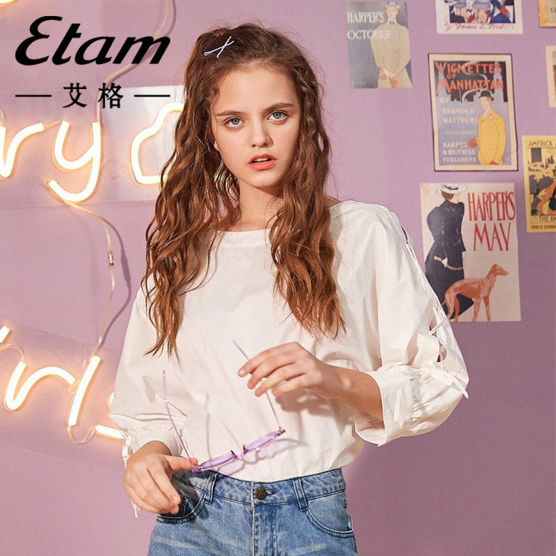 艾格2023春夏季新品女装简约肩部系带设计甜美时尚雪纺衫上衣衬衣