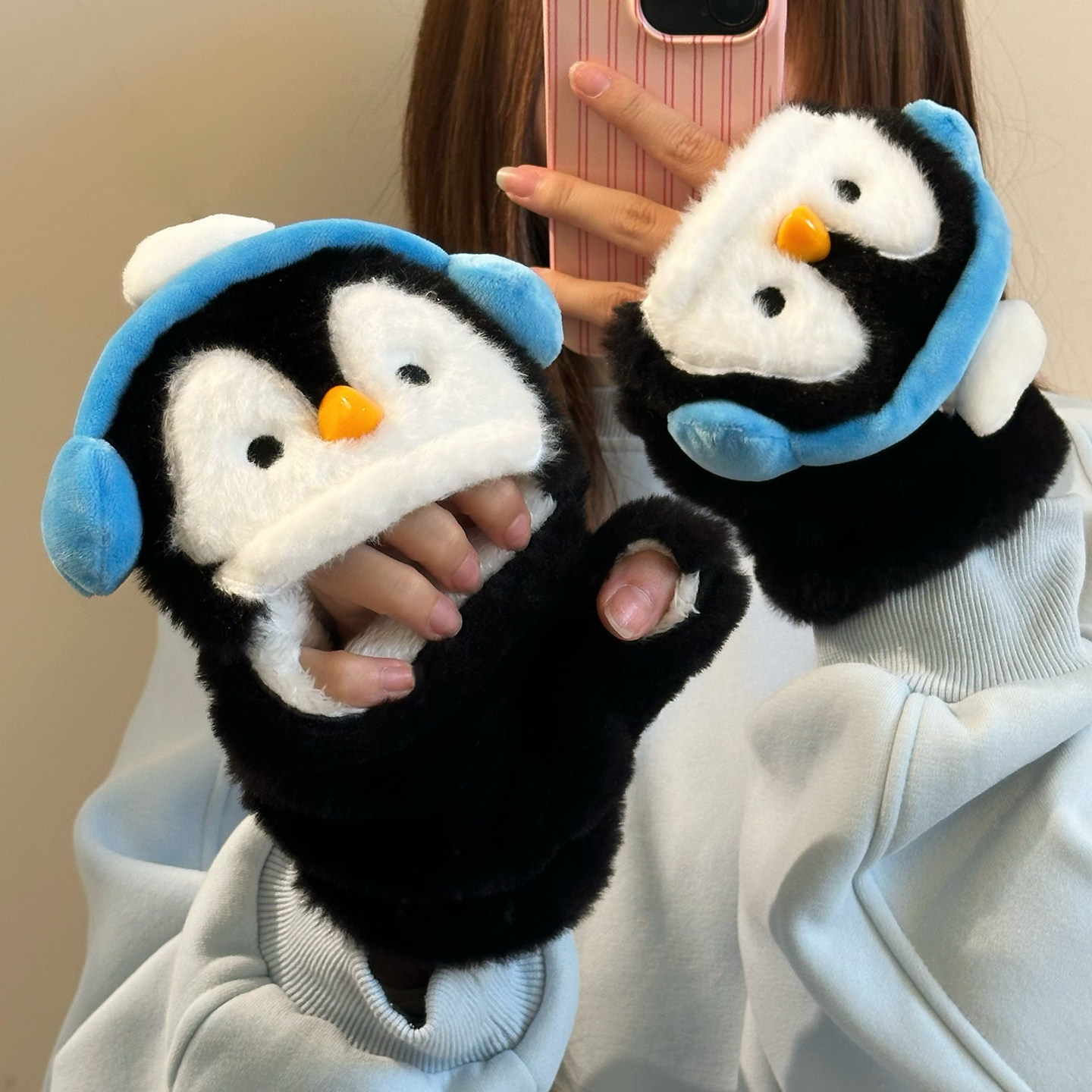 可爱小企鹅半指翻盖手套女冬季加绒加厚学生写字骑车骑行防风防寒
