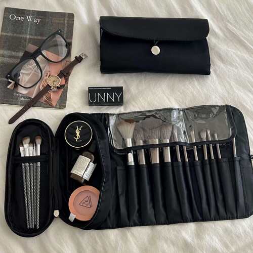 hin实用 化妆刷收纳包卷袋便携式大容量眼影刷多功能折叠收纳防尘