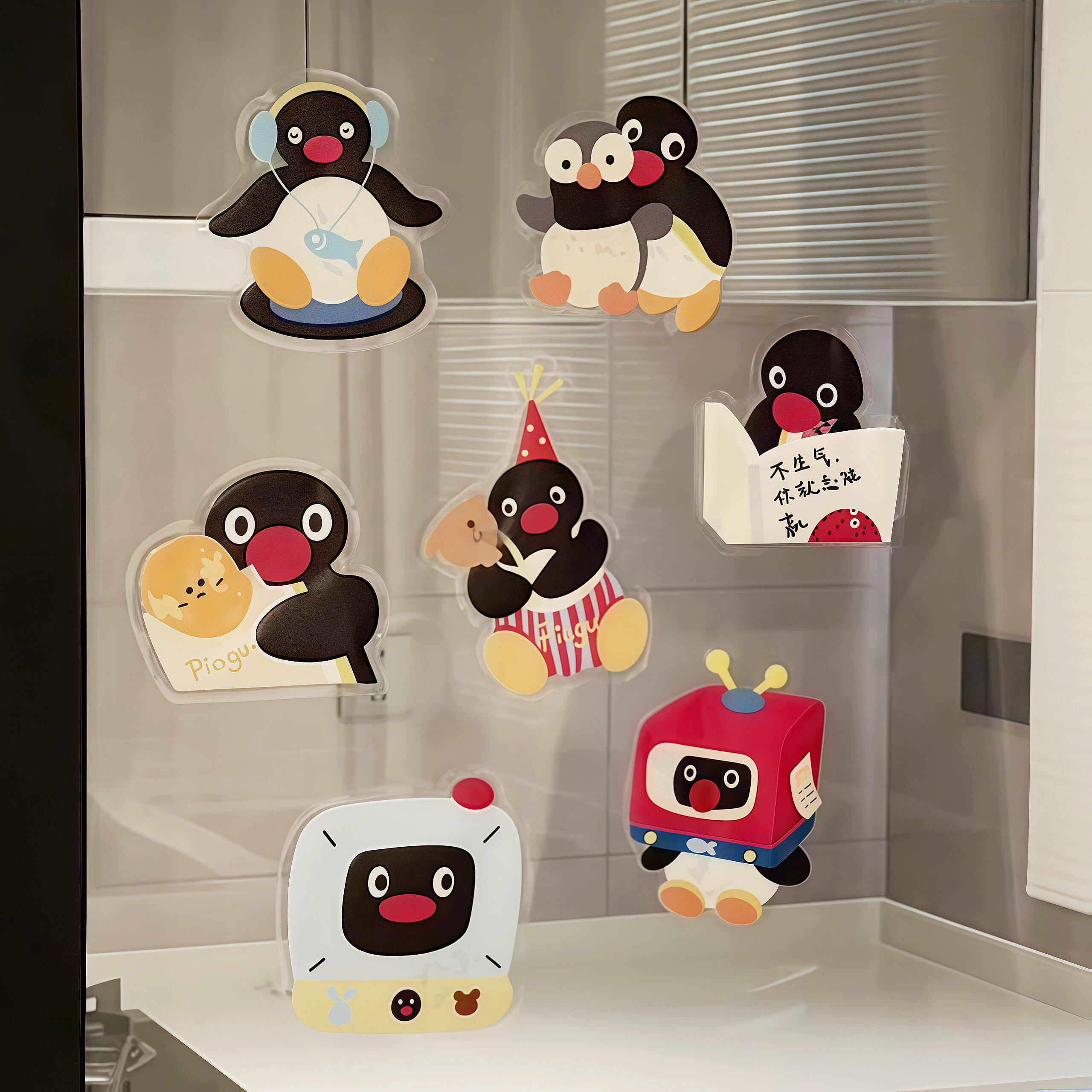 pingu企鹅贴纸推拉门贴厨房浴室门装饰静电贴透明卡通玻璃贴贴画