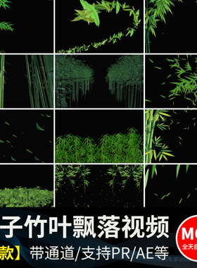 竹叶飘落竹子竹林绿色叶子落叶树叶散落MOV透明通道pr/ae视频素材